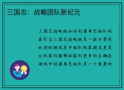 三国志：战略团队新纪元
